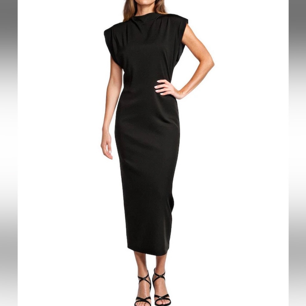 NWT Antonio Melani Harper Matte Jersey Mock Neck Draped cap sleeve Sheath Dress